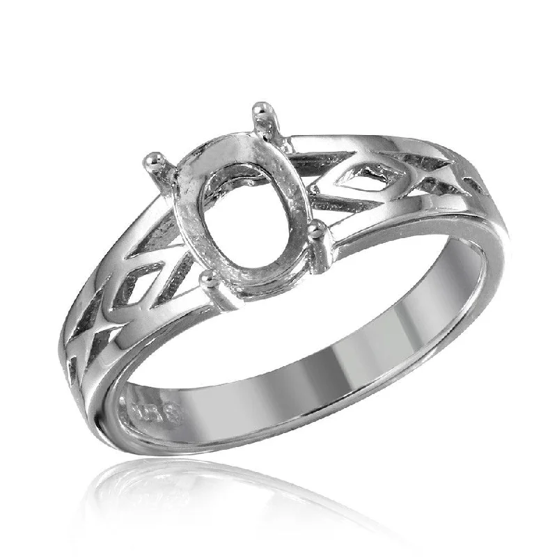 Silver 925 Rhodium Plated Cut Out Designed Shank Single Stone Mounting Ring - BGR01194