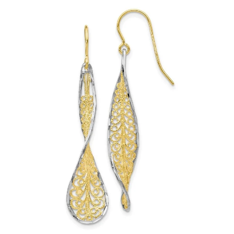 Curata 10k Yellow Gold With Rhodium 43x9mm Diamond-cut Twist Drape Dangle Hook Earrings