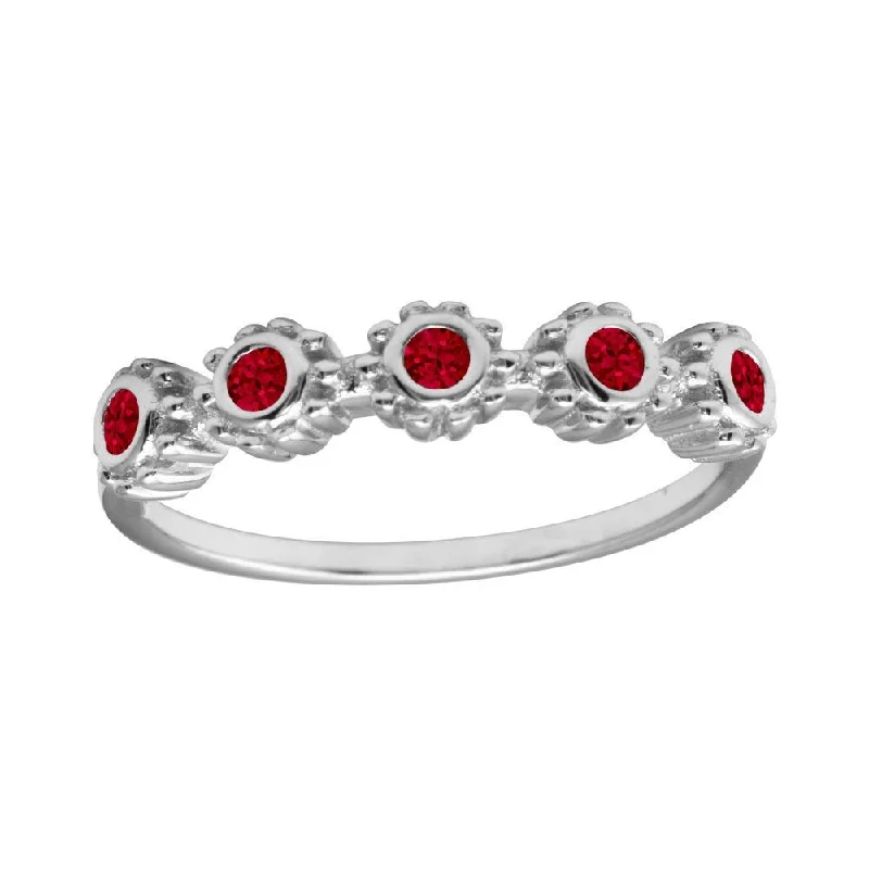 Rhodium Plated 925 Sterling Silver 5 Flower Red CZ Ring - BGR01224RED