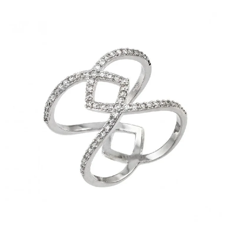 Silver 925 Rhodium Plated Entwined Cross Clear CZ Ring - STR01006