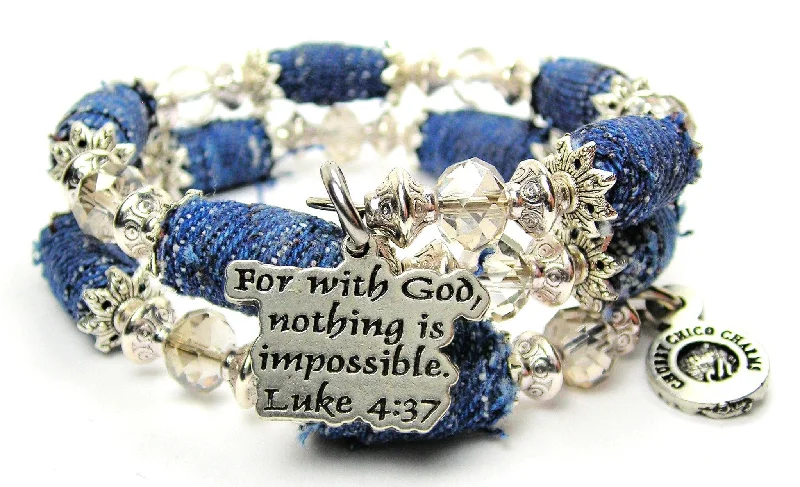 For With God Nothing Is Impossible. Luke 4:37 Blue Jean Beaded Wrap Bracelet