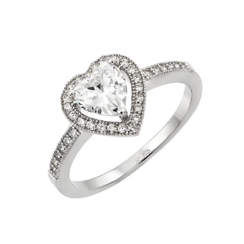 Silver 925 Rhodium Plated Heart Clear CZ Ring - STR00937