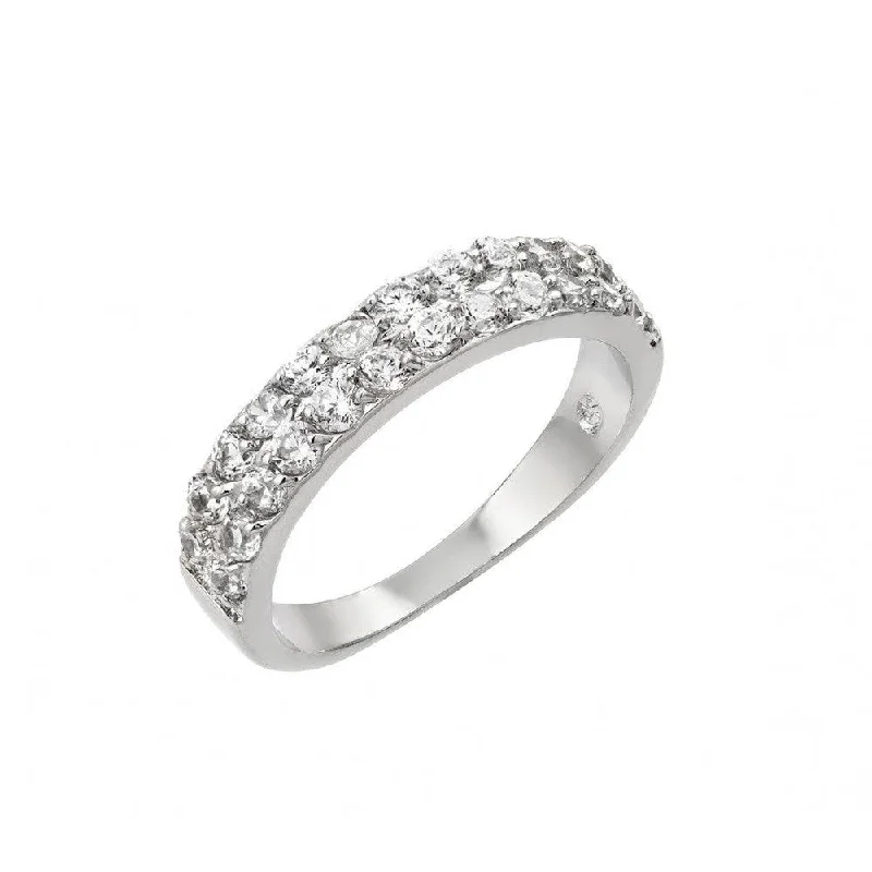 Silver 925 Rhodium Plated Clear Inlay CZ 2 Row Half Ring - BGR00902