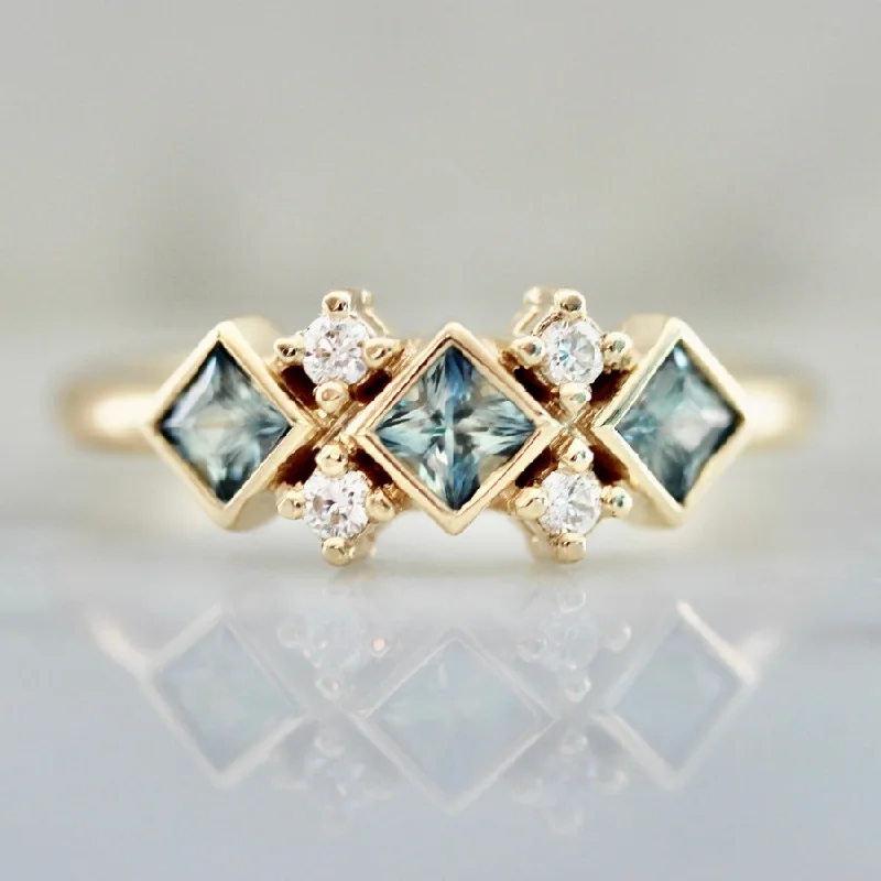 Double Dutch Light Blue-Green Princess Cut Sapphire & Diamond Ring