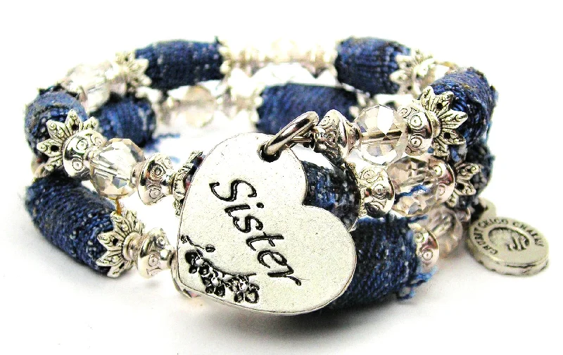 Sister Heart Blue Jean Beaded Wrap Bracelet